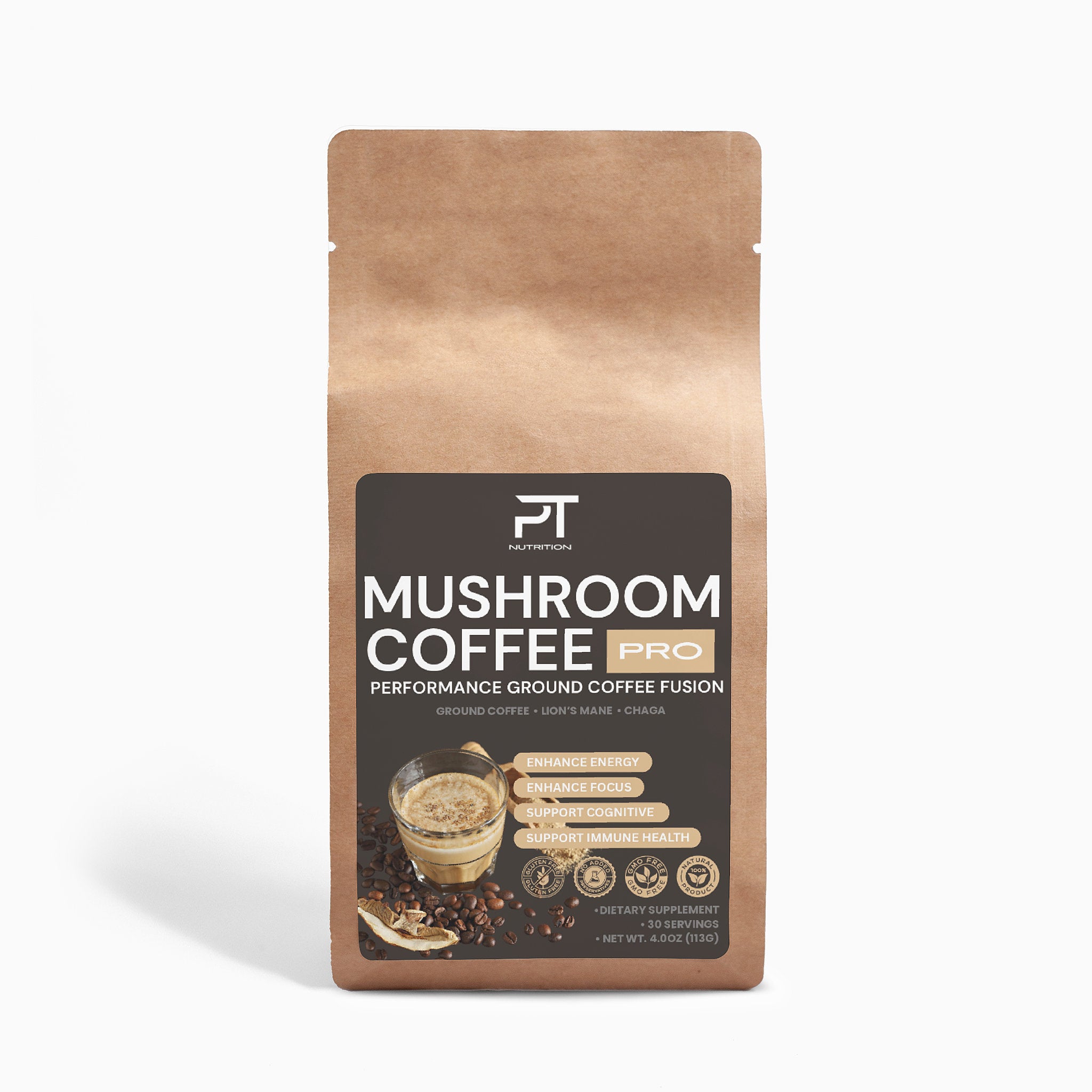 Pro Tip Mushroom Coffee | Performance Ground Coffee Fusion | Ground Coffee + Lion’s Mane + Chaga | 30 Servings - Pro Tip Nutritional Supplements