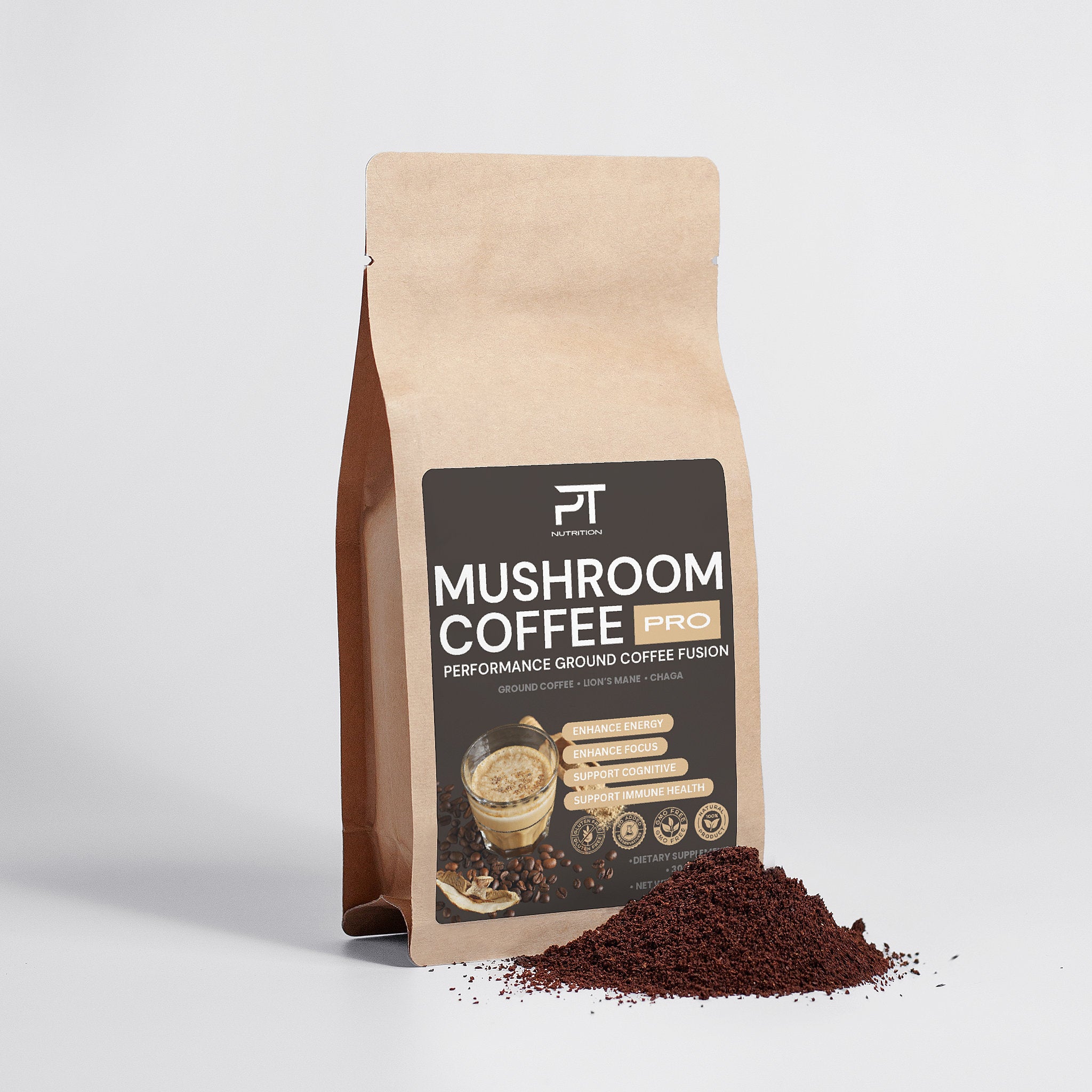 Pro Tip Mushroom Coffee | Performance Ground Coffee Fusion | Ground Coffee + Lion’s Mane + Chaga | 30 Servings - Pro Tip Nutritional Supplements